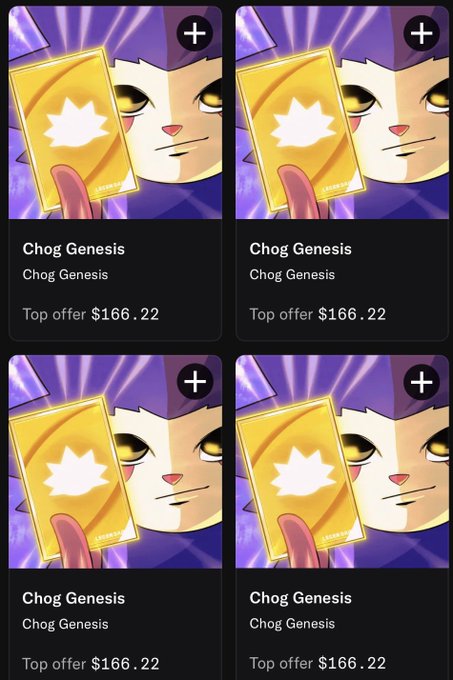 Four identical NFT listings for 'Chog Genesis' featuring a purple cat character holding a card, each showing a top offer of $166.22.