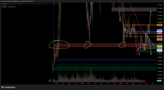 A dark-themed financial candlestick chart on TradingView with multiple horizontal Fibonacci or support level lines highlighted in red and yellow, with annotations circled in yellow showing technical analysis.