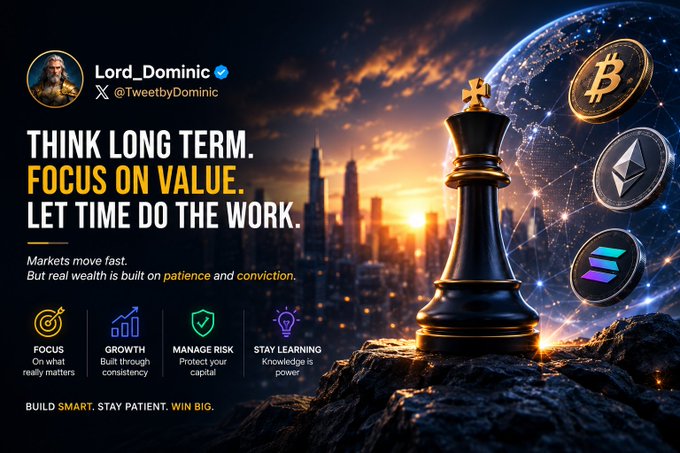 A motivational crypto/investment post by Lord_Dominic (@TweetbyDominic) featuring a chess king piece with Bitcoin, Ethereum, and Solana logos, reading 'THINK LONG TERM. FOCUS ON VALUE. LET TIME DO THE WORK.'
