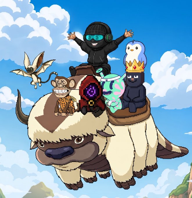 A cheerful pixel-art illustration shows a group of NFT profile picture characters (including Bored Ape, Doodles, Pudgy Penguin, Cool Cat, and others) riding together on the back of a flying Appa, set against a bright blue sky with clouds. The whimsical NFT stacking imagery ties directly to the post's "ALL ABOUT NFTs" weekend message, with the GM and happy weekend vibe echoed by the smiling, arms-raised characters enjoying the ride.