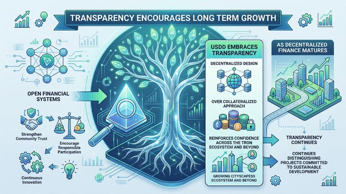 An infographic titled 'Transparency Encourages Long Term Growth' about USDD embracing transparency, decentralized finance, and sustainable development.
