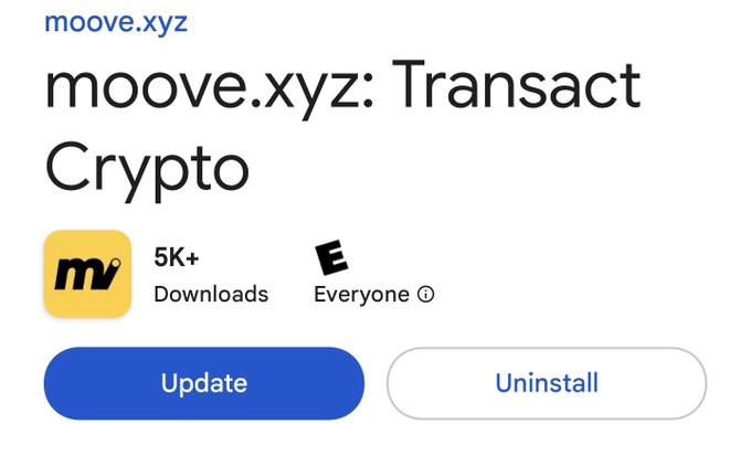 A screenshot of the Google Play Store listing for the app "moove.xyz: Transact Crypto", showing over 5K+ downloads, an Everyone age rating, and buttons to Update or Uninstall.