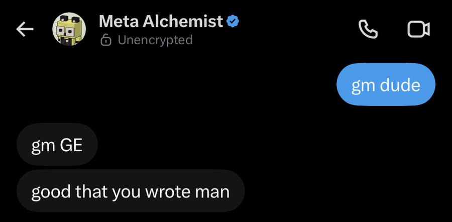 A Messenger screenshot shows a verified conversation with "Meta Alchemist" (unencrypted), featuring the message "gm dude" replied to with "gm GE" and "good that you wrote man," illustrating the casual "gm" (good morning) greeting culture common in Web3/crypto communities where the Meta Alchemist founder shares project alpha and testnet information.