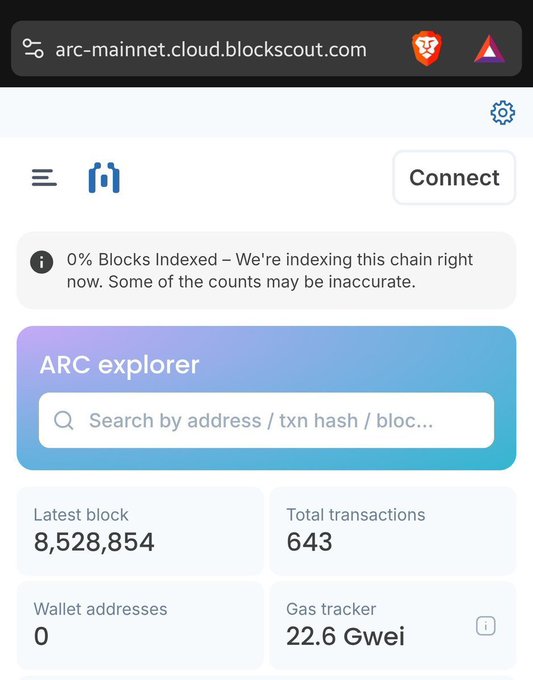 A screenshot of the ARC mainnet Blockscout explorer (arc-mainnet.cloud.blockscout.com) showing "0% Blocks Indexed," a latest block of 8,528,854, only 643 total transactions, 0 wallet addresses, and a gas tracker of 22.6 Gwei—suggesting ARC mainnet is in very early testnet-like stages, aligning with the post's speculative tone that it's not actually launched yet.