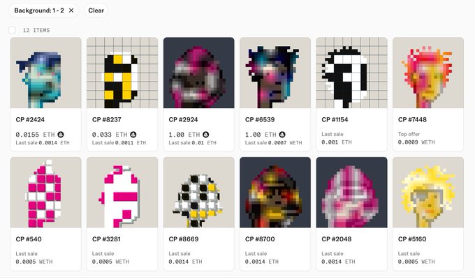 A grid displays 12 pixel-art Cryptopunks-style NFT collectibles (e.g., CP #2424, CP #8237) with their last sale prices listed in ETH and WETH.