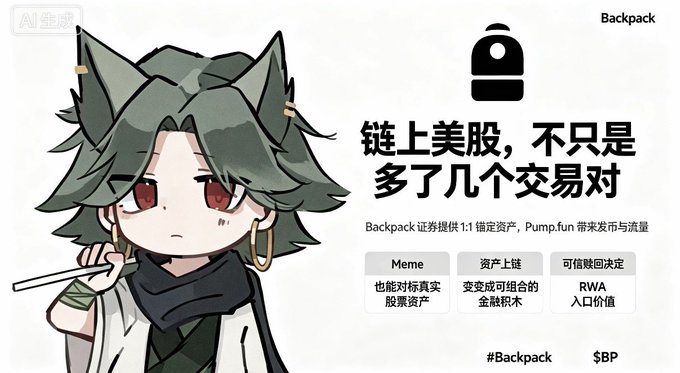 The image is a promotional graphic featuring an anime-style character with cat-like ears on the left, alongside the "Backpack" logo (an "i" inside a backpack icon) and Chinese text promoting on-chain U.S. stocks, highlighting features like meme stock representation, customizable financial instruments, and RWA (Real World Assets) value capture, tagged with #Backpack and $BP—aligning with the post about Backpack Securities' partnership with shturl.c and the launch of Custom Pairs for on-chain U.S. stock trading.