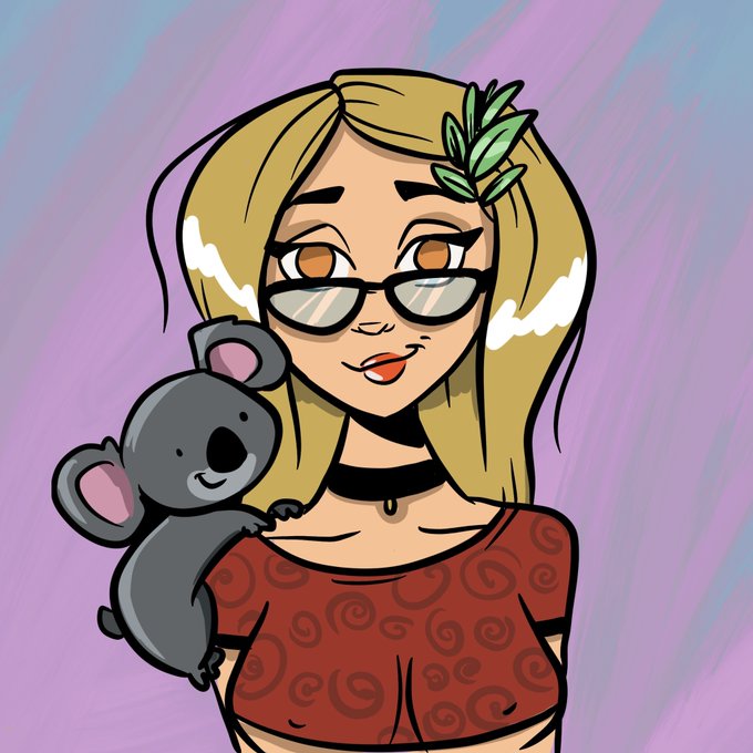 A cartoon-style digital illustration of a blonde woman wearing sunglasses and a laurel leaf in her hair, with a gray koala clinging to her shoulder against a purple background.