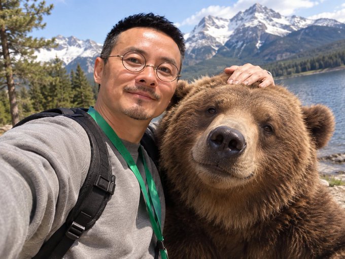 A man with glasses takes a selfie next to a large brown bear, with snow-capped mountains and a lake visible in the background.