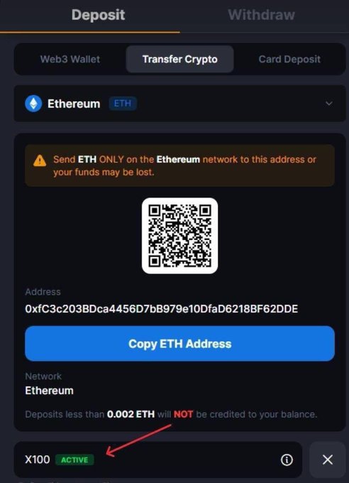 A "Transfer Crypto" deposit page for Ethereum (ETH) on MetaWin, displaying a QR code, the ETH wallet address "0xfC3c203BDca4456D7bB979e10DfaD6218BF62DDE," and the active bonus code "X100" highlighted with a red arrow—promoting the deposit-doubling promotion mentioned in the post.