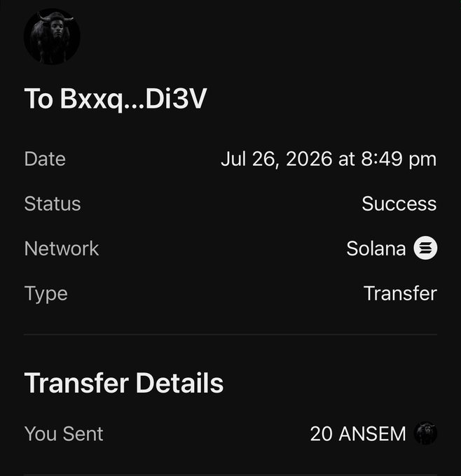 A successful Solana wallet transfer showing 20 ANSEM tokens sent to address Bxxq...Di3V on July 26, 2026 at 8:49 pm. The transaction record directly illustrates the post's "refresh your wallet" message, as it serves as proof to @IamrealChaps that the token transfer was successfully completed.