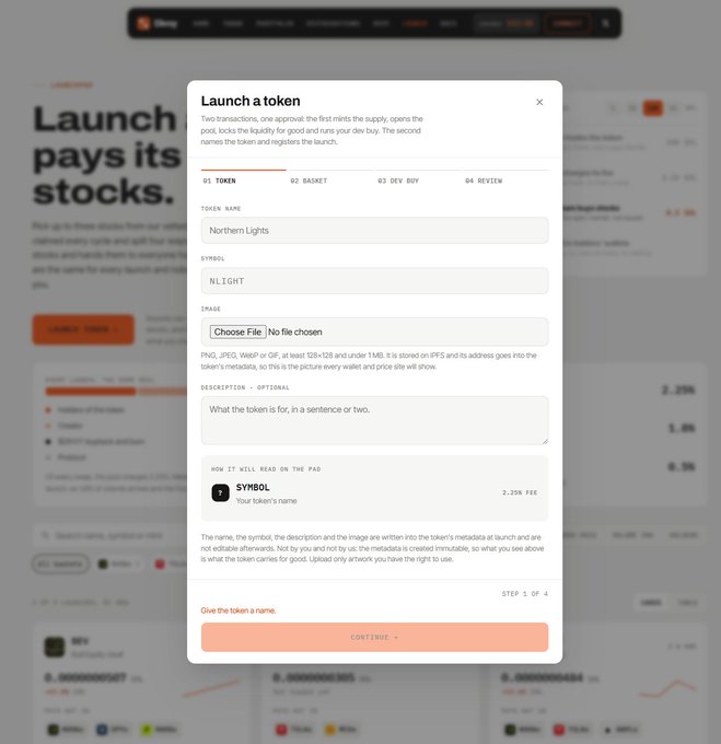 A 'Launch a token' interface on a cryptocurrency platform showing step 1 of 4, with fields filled in for token name 'Northern Lights', symbol 'NLIGHT', and description options.