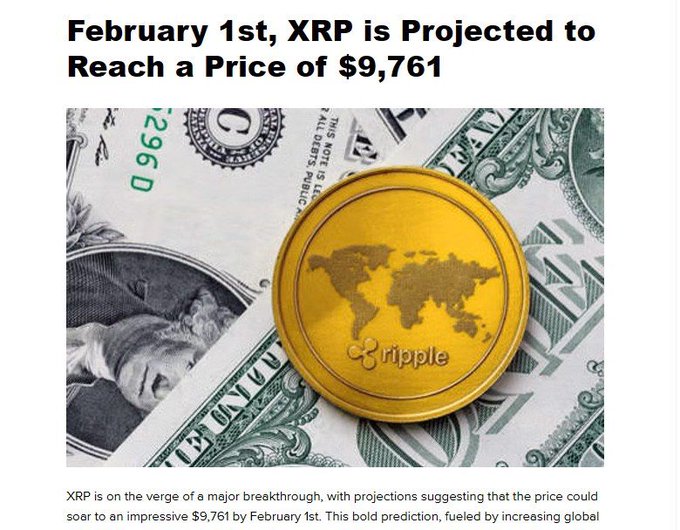 The image features an article about a new coin called Ripple which is projected to be worth $9,761 by February 1st, 2007. The article discusses XRP's potential as a major break-through technology, suggesting that its price could double in five years or more. The title of the post is "ANALYST" and it reads "XRP IS EXPECTED TO BE $9,761 BY FEB ... This bold prediction, fueled by increasing global interest, will increase to $9,761 by February 1st, 2007!".
