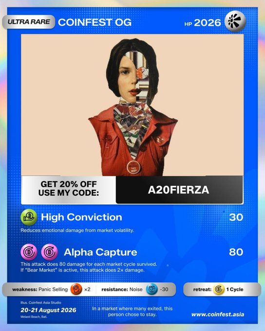 A promotional trading card titled 'ULTRA RARE COINFEST OG' featuring a glitch-effect portrait of a woman, with the code 'A20FIERZA' and stats 'High Conviction' and 'Alpha Capture'.