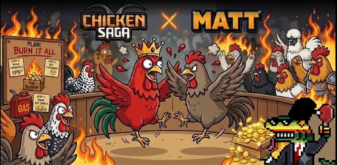A cartoon-style promotional banner titled 'CHICKEN SAGA X MATT' showing two chickens (one red wearing a crown, one brown) fighting in a ring surrounded by flames, with a treasure chest and a pixel-art frog character.