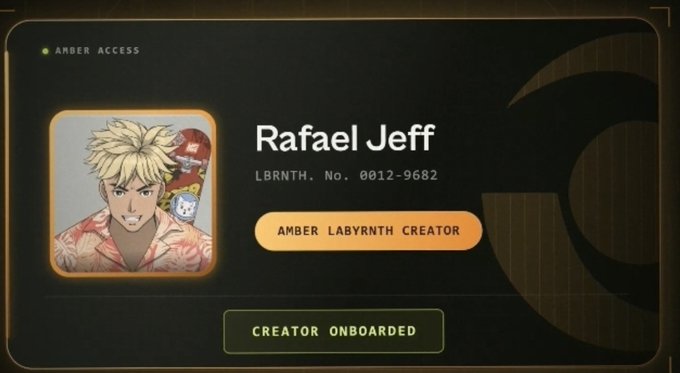 A digital interface titled 'AMBER ACCESS' showing a creator profile for 'Rafael Jeff' with the title 'AMBER LABYRINTH CREATOR' and a 'CREATOR ONBOARDED' button.