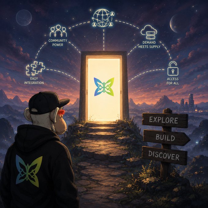An illustrated NFT-style artwork shows a monkey character looking through a glowing doorway, surrounded by floating icons labeled 'COMMUNITY POWER,' 'DEMAND MEETS SUPPLY,' 'EASY INTEGRATION,' and 'ACCESS FOR ALL,' with signposts reading 'EXPLORE,' 'BUILD,' and 'DISCOVER.'