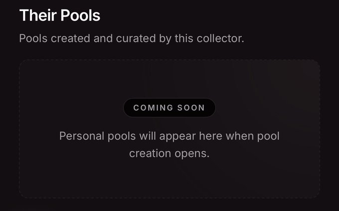 A dark screen interface titled 'Their Pools' indicating that personal pools will appear when pool creation opens, with a 'COMING SOON' badge.