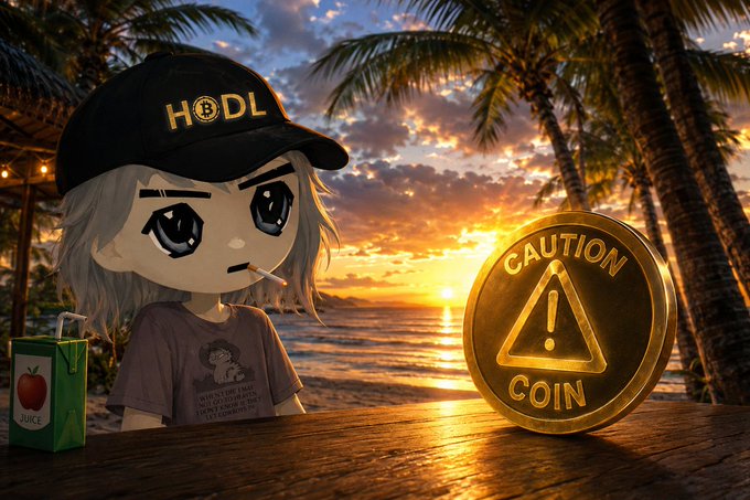 An anime-style chibi character wearing a black 'HODL' cap and smoking a cigarette sits at a wooden table next to a juice box and a large gold 'CAUTION COIN' warning token, set against a tropical sunset beach backdrop.