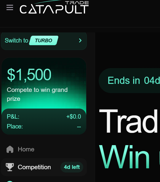 The image shows the Catapult Trade app displaying a competition page with a $1,500 grand prize, "4d left" indicator, and a P&L of +$0.0, directly highlighting the top reward of the $10,000 prize pool competition mentioned in the post.