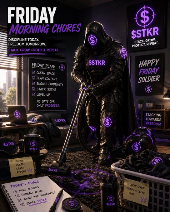 A stylized graphic for '$STKR' Friday Morning Chores featuring a hooded armored figure vacuuming, with text like 'DISCIPLINE TODAY. FREEDOM TOMORROW. STACK. GROW. PROTECT. REPEAT.' and a checklist of daily tasks.