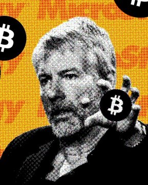 A halftone-style graphic of Michael Saylor holding up a Bitcoin symbol, surrounded by floating Bitcoin logos and dollar signs on a yellow background, visually representing the post's claim about Strategy's massive unrealized gains tied to every $100 move in BTC price.