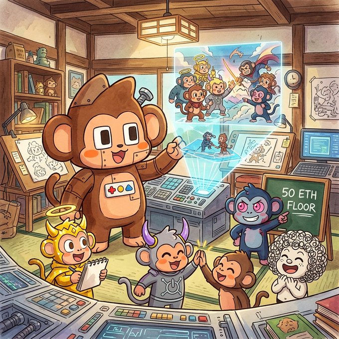 A colorful cartoon illustration of a monkey in a brown costume projecting a holographic image of other monkey characters in a studio, with a chalkboard displaying '50 ETH FLOOR' referencing a crypto/NFT collection.