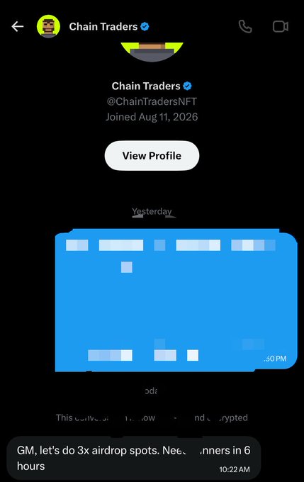 A screenshot of an X/Twitter profile for 'Chain Traders' (@ChainTradersNFT), showing a tweet draft at the bottom that says 'GM, let's do 3x airdrop spots. Need winners in 6 hours'.