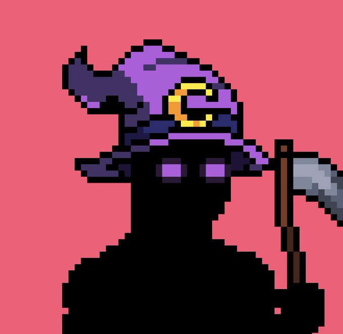 Pixel art illustration of a shadowed figure wearing a purple wizard hat with a yellow 'G' symbol and holding a scythe, set against a red background.