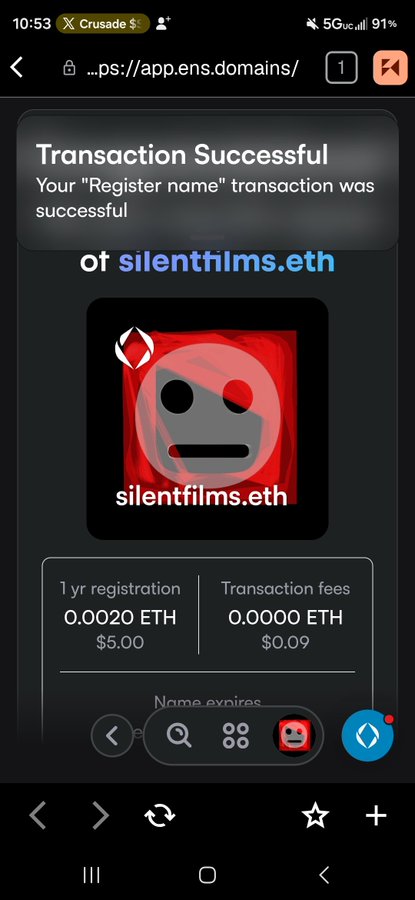 A mobile screenshot showing a successful ENS domain transaction confirmation for "silentfilms.eth" with a 1-year registration costing 0.0020 ETH ($5.00) plus transaction fees.