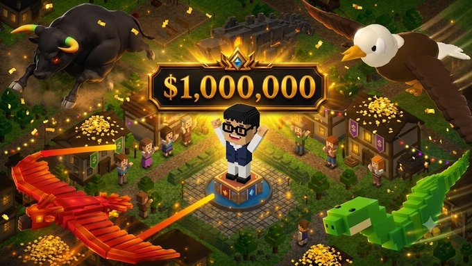 A promotional graphic for a mobile game showing a $1,000,000 jackpot with a pixelated character surrounded by a bull, eagle, red dragon, and green crocodile over a fantasy village backdrop.