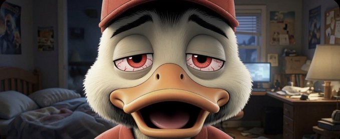 The image features a cartoon duck with red eyes, wearing an orange hat and standing next to a bed. The background shows a bedroom setting with a lamp and a desk. There are also some books visible near the desk. The caption at the bottom of the image reads "Staying up and waiting on @wallchain hoping I am selected no sleep lol".