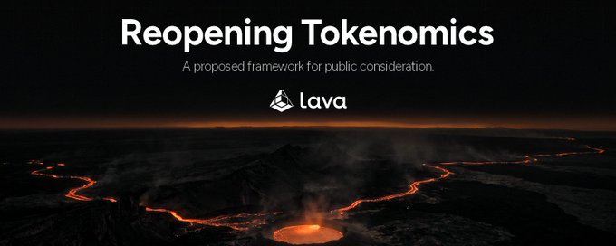 A banner reading 'Reopening Tokenomics: A proposed framework for public consideration' with the 'lava' logo, set against a background of glowing lava flows.