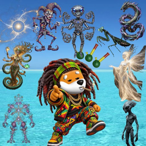 A whimsical digital collage featuring a cartoon dog with dreadlocks in a colorful outfit, surrounded by various alien, mythical, and abstract figures against a beach background.