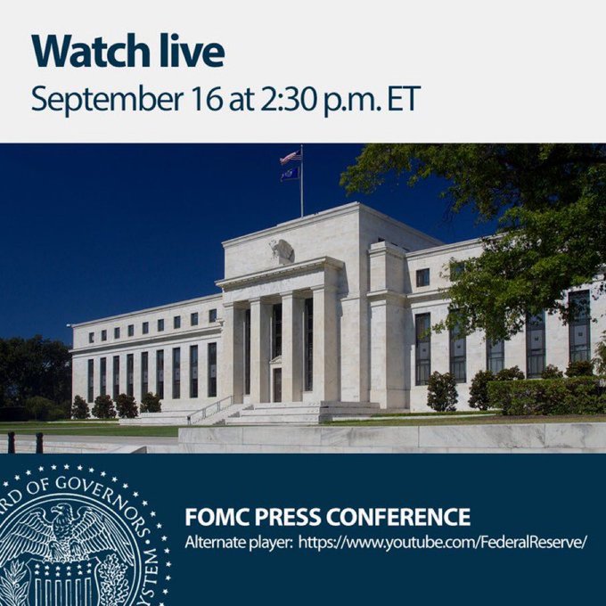 An announcement graphic reads 'Watch live September 16 at 2:30 p.m. ET' above an image of the Federal Reserve building, promoting a 'FOMC PRESS CONFERENCE' with a YouTube alternate link.