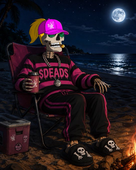Stylized digital illustration of a skeleton character wearing a pink cap and a pink-and-black striped sweater with 'SDEADS' written on it, relaxing on a beach chair at night with a full moon overhead.