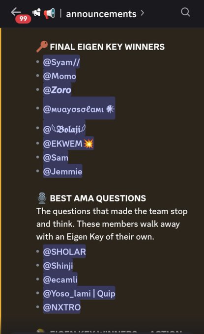 A Discord announcements channel listing 'FINAL EIGEN KEY WINNERS' and 'BEST AMA QUESTIONS' with various usernames tagged.