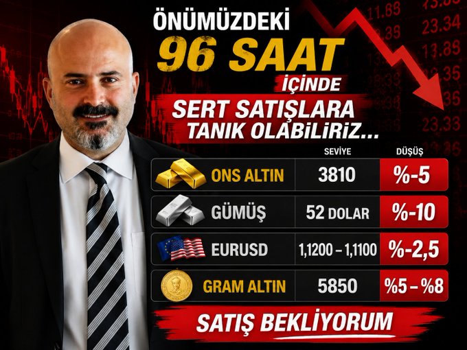 A Turkish financial YouTube thumbnail featuring a man in a suit beside a downward red arrow, warning viewers that within the next 96 hours there could be sharp sell-offs in ONS Altın (Gold -5%), Gümüş (Silver $52, -10%), EURUSD (1.1200-1.1100, -2.5%), and Gram Altın (5850, -5% to -8%), with the text "SATIŞ BEKLİYORUM" (I expect selling) at the bottom.