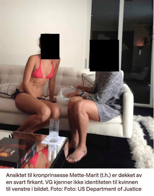 A Norwegian news caption identifies the woman on the right as Crown Princess Mette-Marit, while the woman on the left in a pink bikini has her face obscured by a black square; VG states they do not know the other woman's identity, with a photo credit to the US Department of Justice.