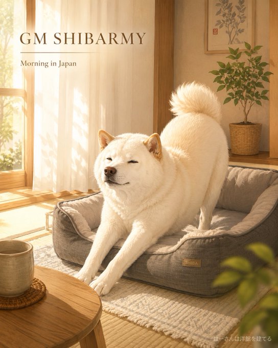 AI-generated illustration titled 'GM SHIBARMY - Morning in Japan' showing a smiling Shiba Inu stretching on a dog bed in a sunlit Japanese-style room.