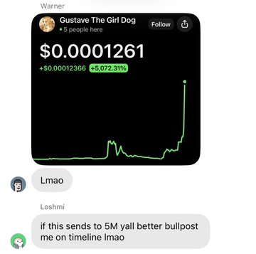 A screenshot of a text message conversation featuring a stock chart for 'Gustave The Girl Dog' at $0.0001261, up +5,072.31%, with users joking 'if this sends to 5M yall better bullpost me on timeline lmao'.