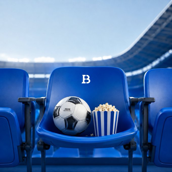 A soccer ball marked "2026" and a bucket of popcorn sit on a blue stadium seat stamped with the letter "B," echoing the post's blend of game-day excitement and crypto market-watching—where the "B" ties directly to the featured Biconomy (B) ticker.
