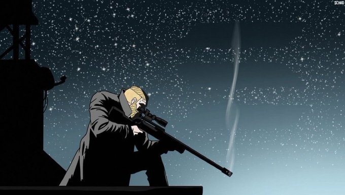 The image shows a determined blonde man in a trench coat aiming a sniper rifle into a starry night sky, perfectly capturing the post's theme of silent vigilance—$CHAD holders waiting patiently under the stars for the perfect moment to strike. The lone figure with his rifle and cool composure mirrors the message of calm conviction, hinting that a loud breakout is coming.