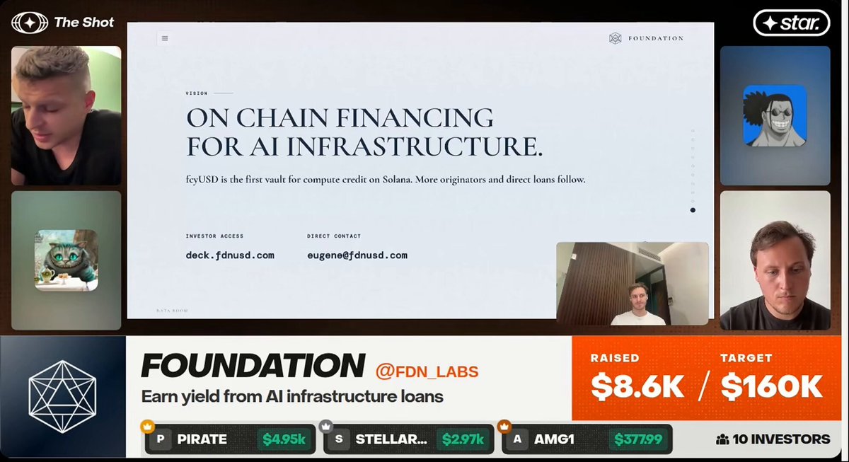 The image shows a live fundraising show with a banner that says "On chain financing for AIrbitute infrastructure." The banner also displays a list of investors who have contributed funds, including a pirate named "Charlie" and another named "Peter." The image is accompanied by a screenshot of the Star app, which has a man's face on it.
