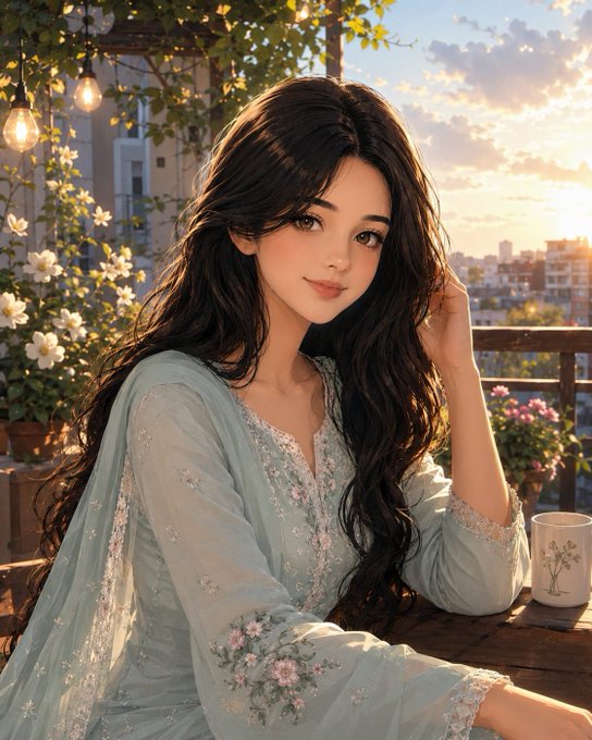 An anime-style digital illustration of a young woman with long dark hair in a sage green embroidered dress, sitting at an outdoor balcony with flowers and city view at sunset.