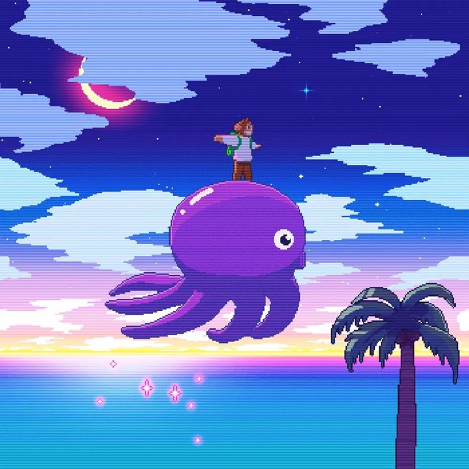 A pixel art scene depicting a character standing atop a purple octopus-like creature floating above a sunset ocean, with a crescent moon, stars, clouds, and a palm tree on a nearby shore.