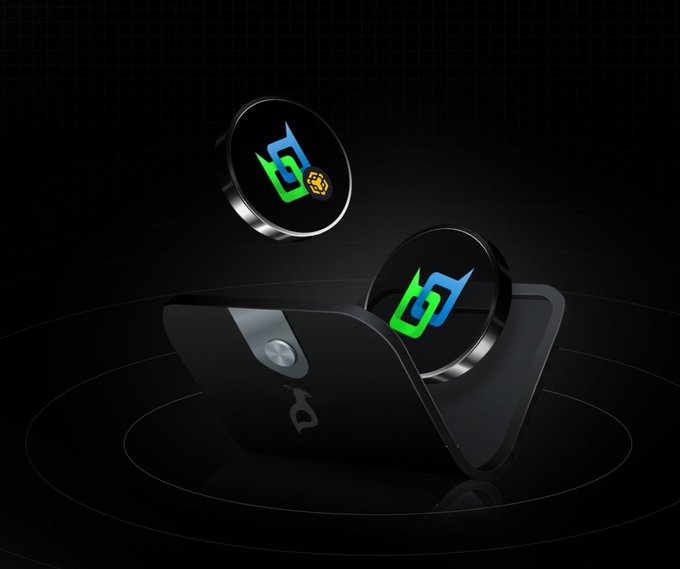 A 3D render of black smartphone accessories displaying a blue and green dragon-like logo with a gold coin, set against a dark gridded background.