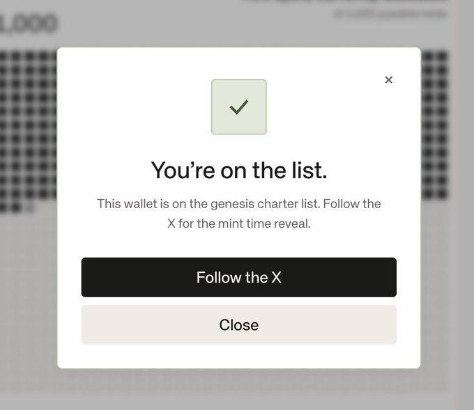 A popup confirms "You're on the list. This wallet is on the genesis charter list. Follow the X for the mint time reveal," with options to "Follow the X" or "Close," indicating the user's wallet has successfully registered for early access to the Standard Reserve (standard_rsv) protocol.