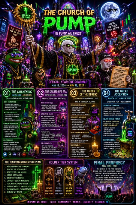 The image features a poster for an event called "The Church of Pump". The poster includes a list of rules, guidelines, and instructions that attendees must follow during the event. It also contains a map with various locations marked, likely indicating where different activities or performances will take place. The poster is predominantly purple in color, which adds to its visual appeal and draws attention to the content displayed on it.