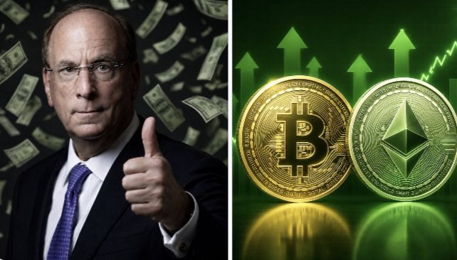 The image is split into two panels: the left shows Larry Fink, BlackRock's CEO, giving a thumbs-up against a backdrop of falling dollar bills, while the right features gold Bitcoin and silver Ethereum coins with green upward arrows indicating rising prices. Together, the composite visually reinforces the post's message of BlackRock's significant institutional accumulation of $693.5M in Bitcoin and $203M in Ethereum, highlighting the CEO's bullish stance alongside the upward momentum of both cryptocurrencies.