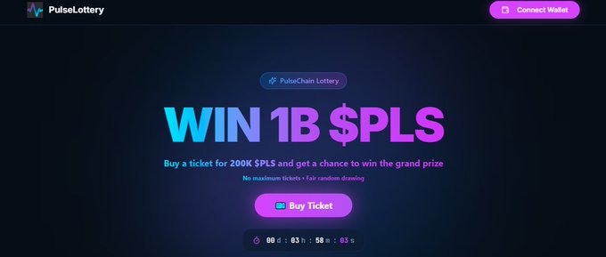 The image shows the PulseLottery homepage advertising "WIN 1B $PLS" with a "Buy Ticket" button for 200K $PLS tickets and a countdown timer showing 3 days, 3 hours, 58 minutes, and 3 seconds remaining, matching the post's urgency about the lottery ending soon.